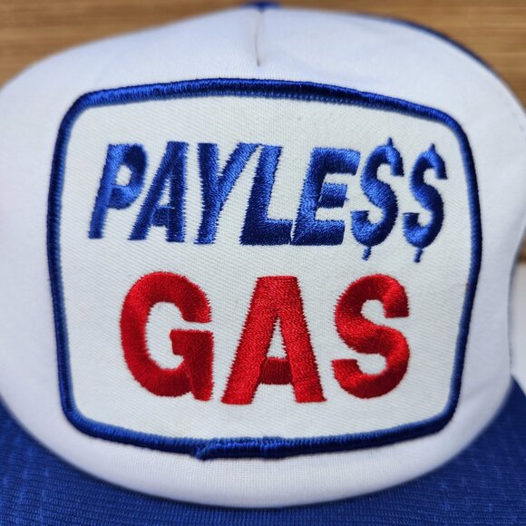 Truckers Hat Cap Vintage PAYLE$$ Payless GAS Snapback Men's Blue and White - Picture 2 of 10